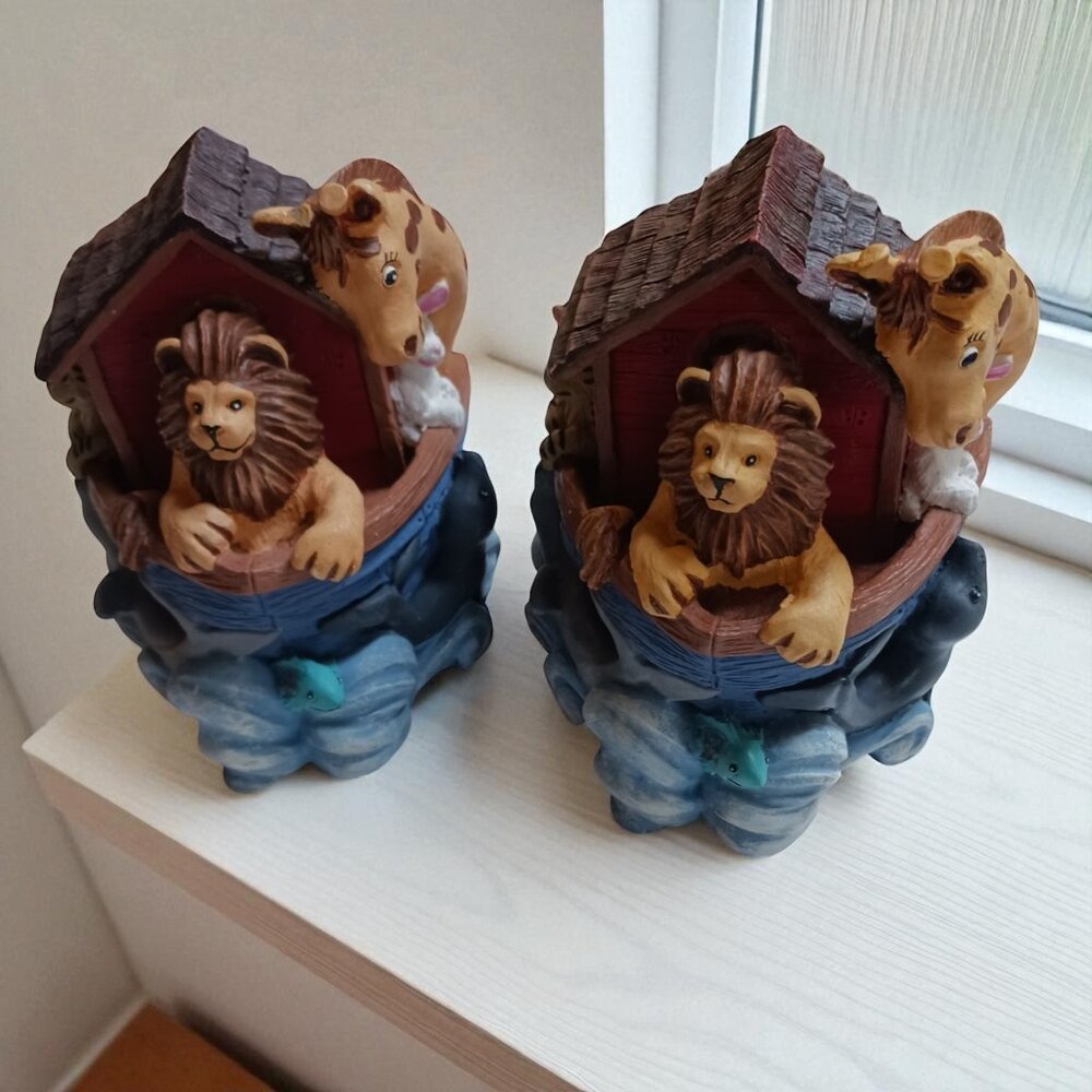 Vintage 1990s Noah's Ark Resin Bookends – Heavy Figi Graphics Set  Nursery Decor